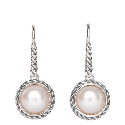 David Yurman Sterling Silver Pearl 9mm Cable Drop Earrings 1 of 4