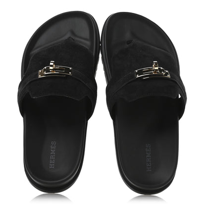 Hermes Suede Goatskin Womens Empire Sandals 38 Black 2 of 9