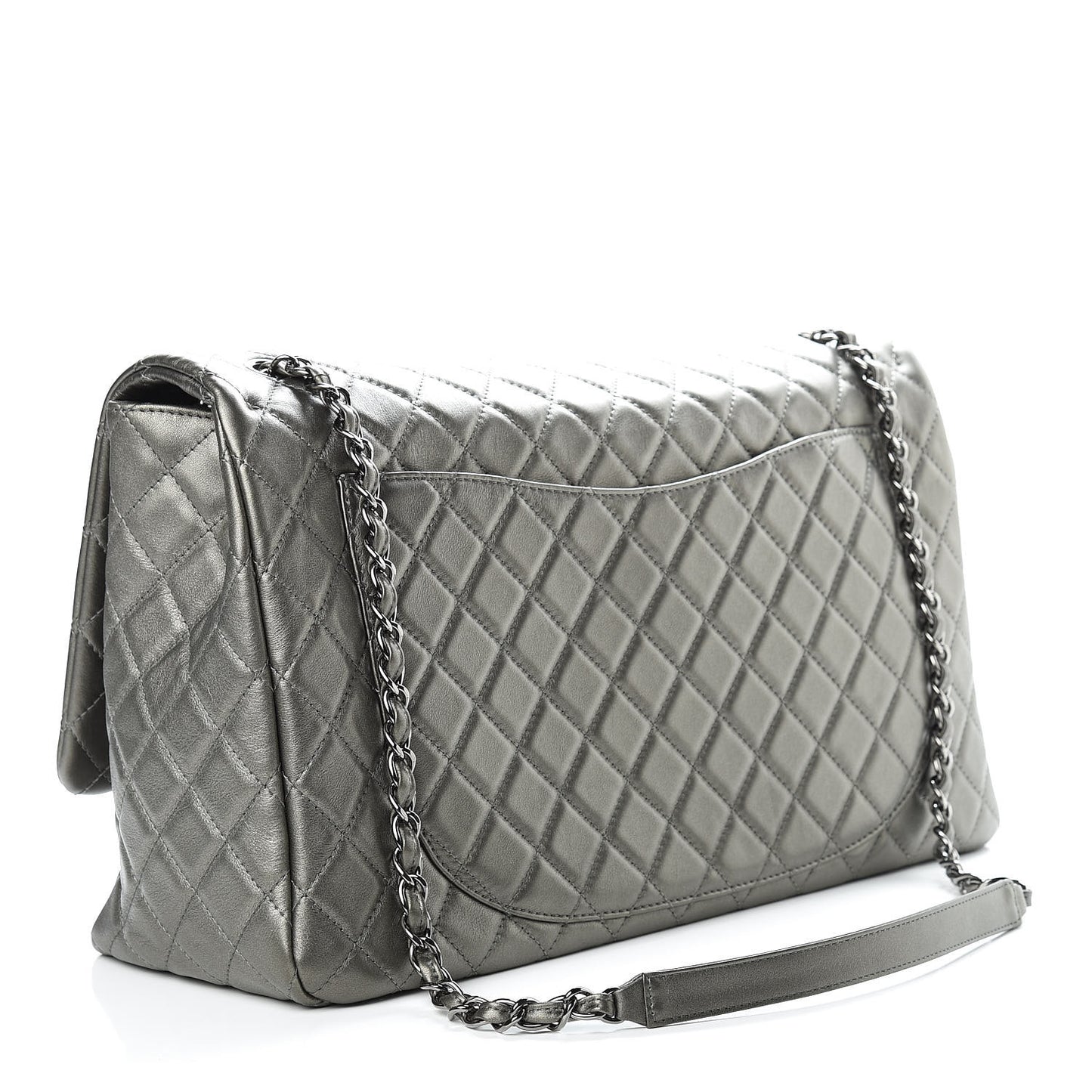Metallic Calfskin Quilted XXL Travel Flap Bag Dark Silver