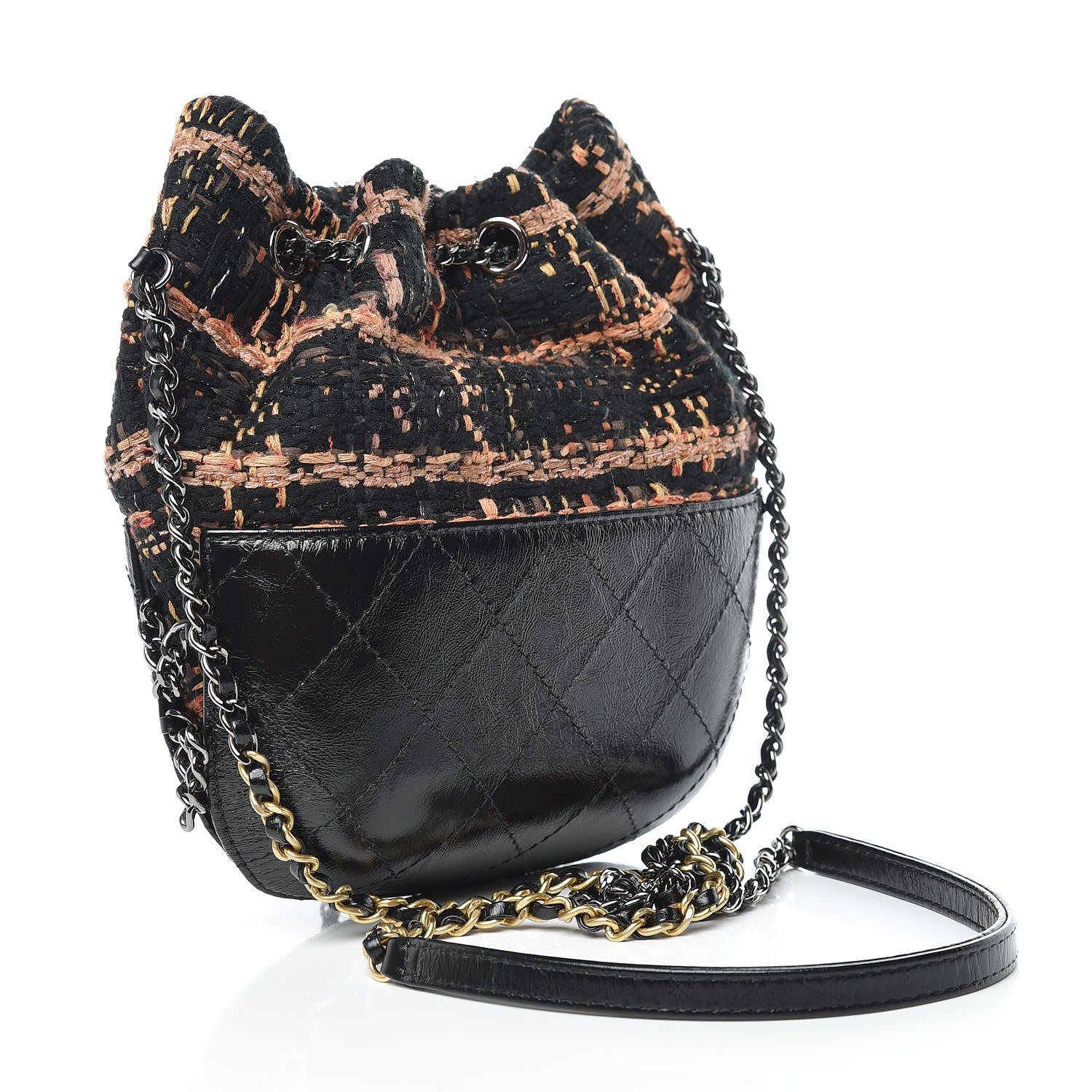Chanel Tweed Calfskin Quilted Small Gabrielle Bucket Black Brown Orange 3 of 15