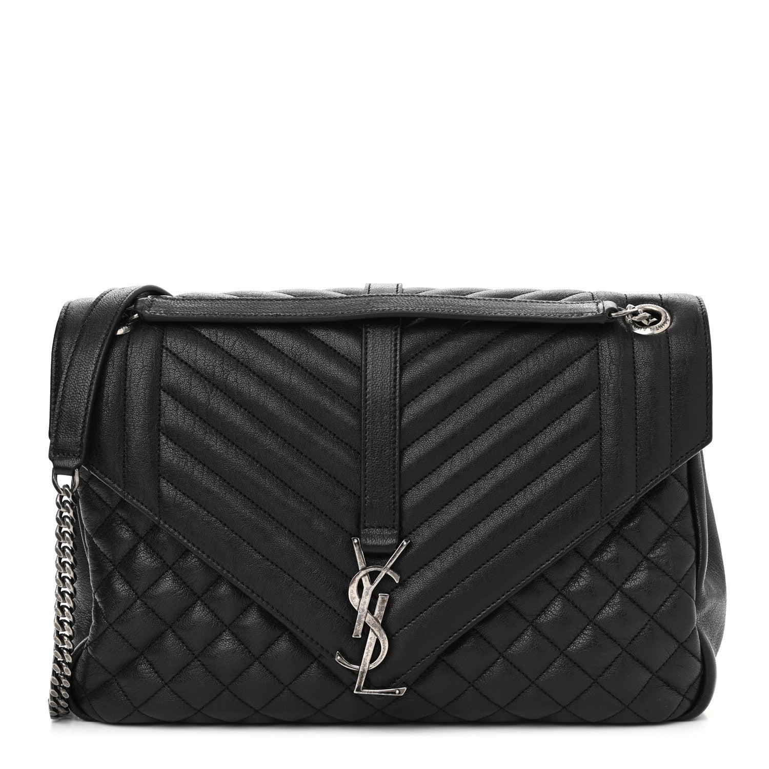 Saint Laurent Calfskin Mixed Matelasse Triquilt Large Monogram Satchel Black 1 of 10