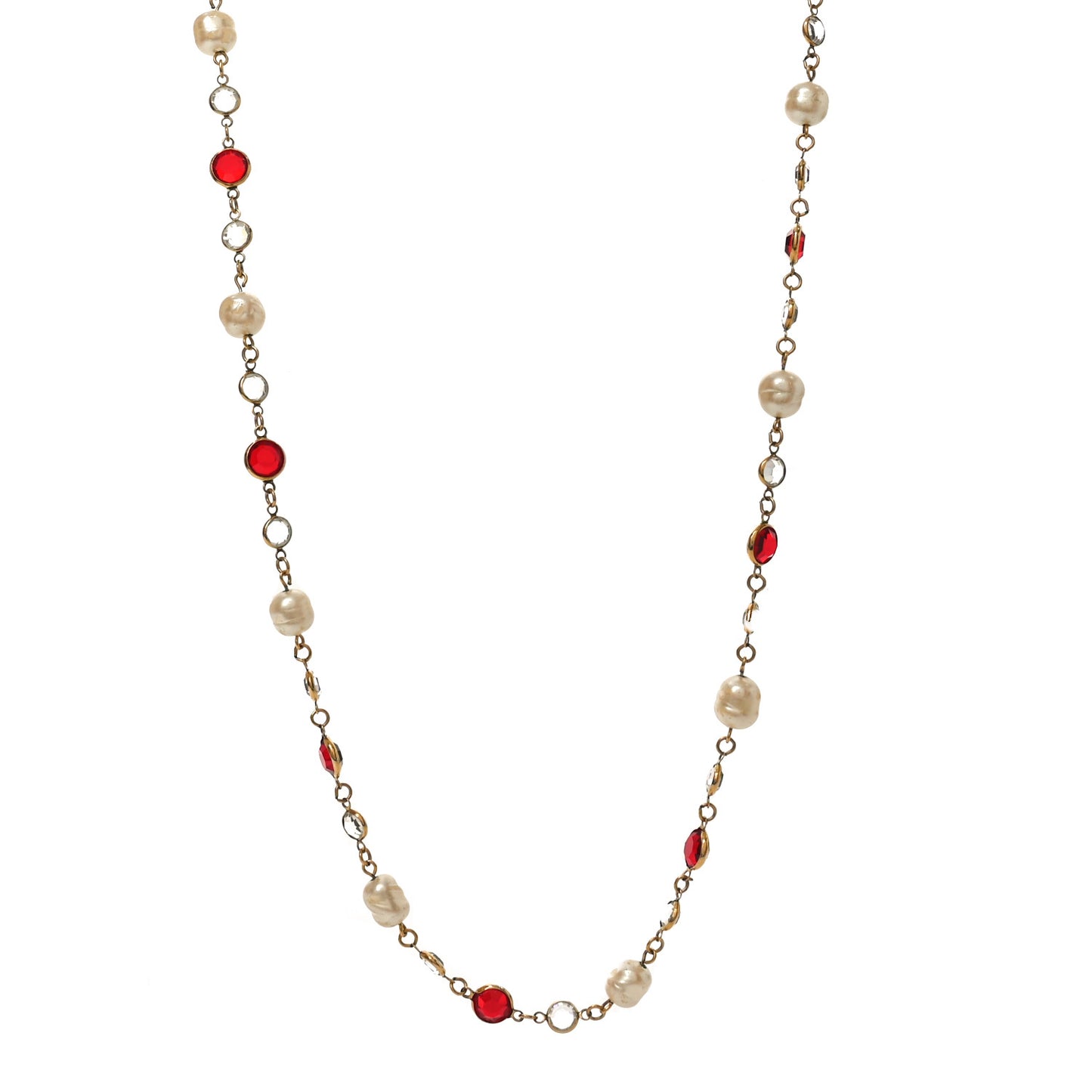 Crystal Pearl Chicklet Sautoir Necklace Red Gold