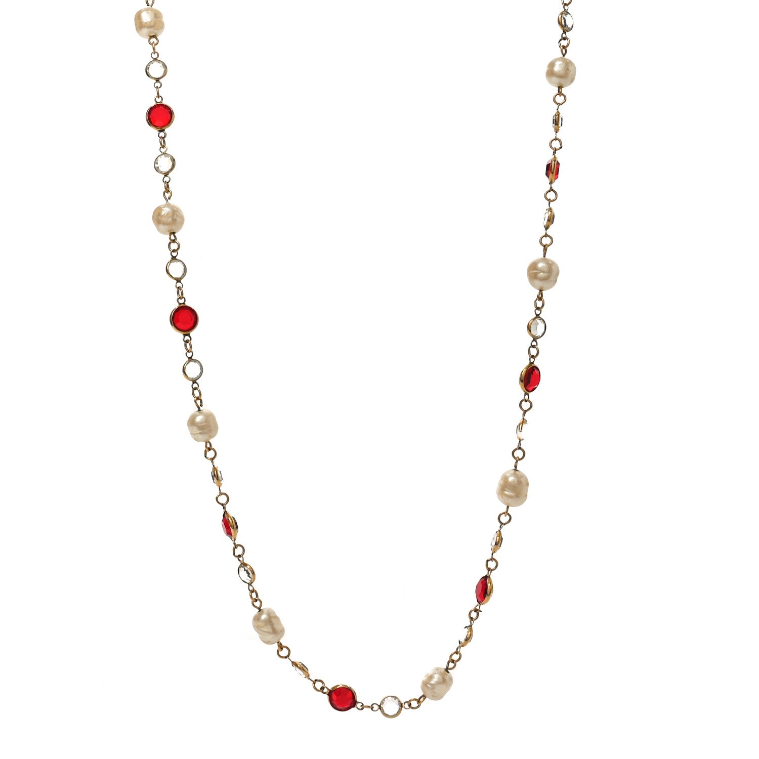 Chanel Crystal Pearl Chicklet Sautoir Necklace Red Gold 1 of 4