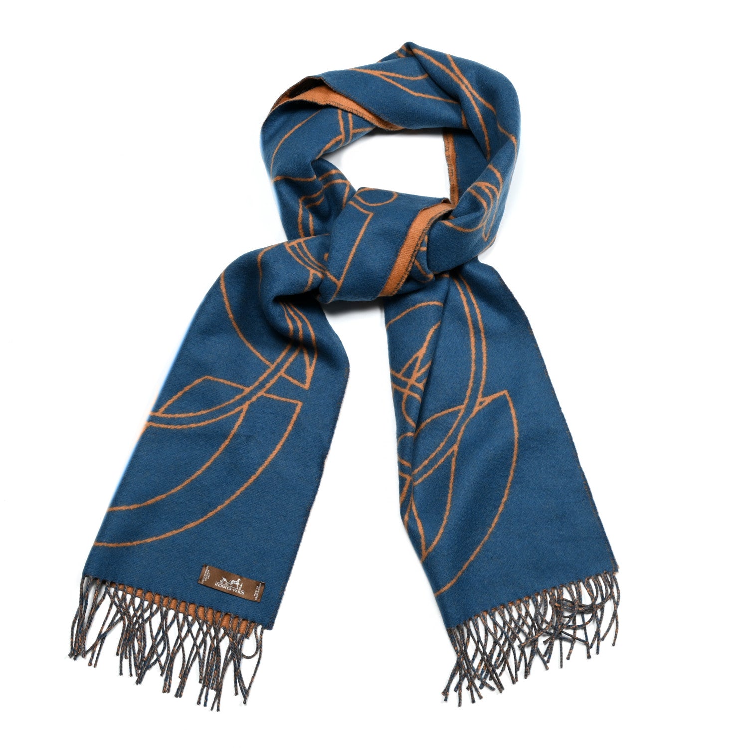 Hermes Cashmere Casaque Entrelacs Equestres Muffler Bleu Pilote Camel 1 of 5