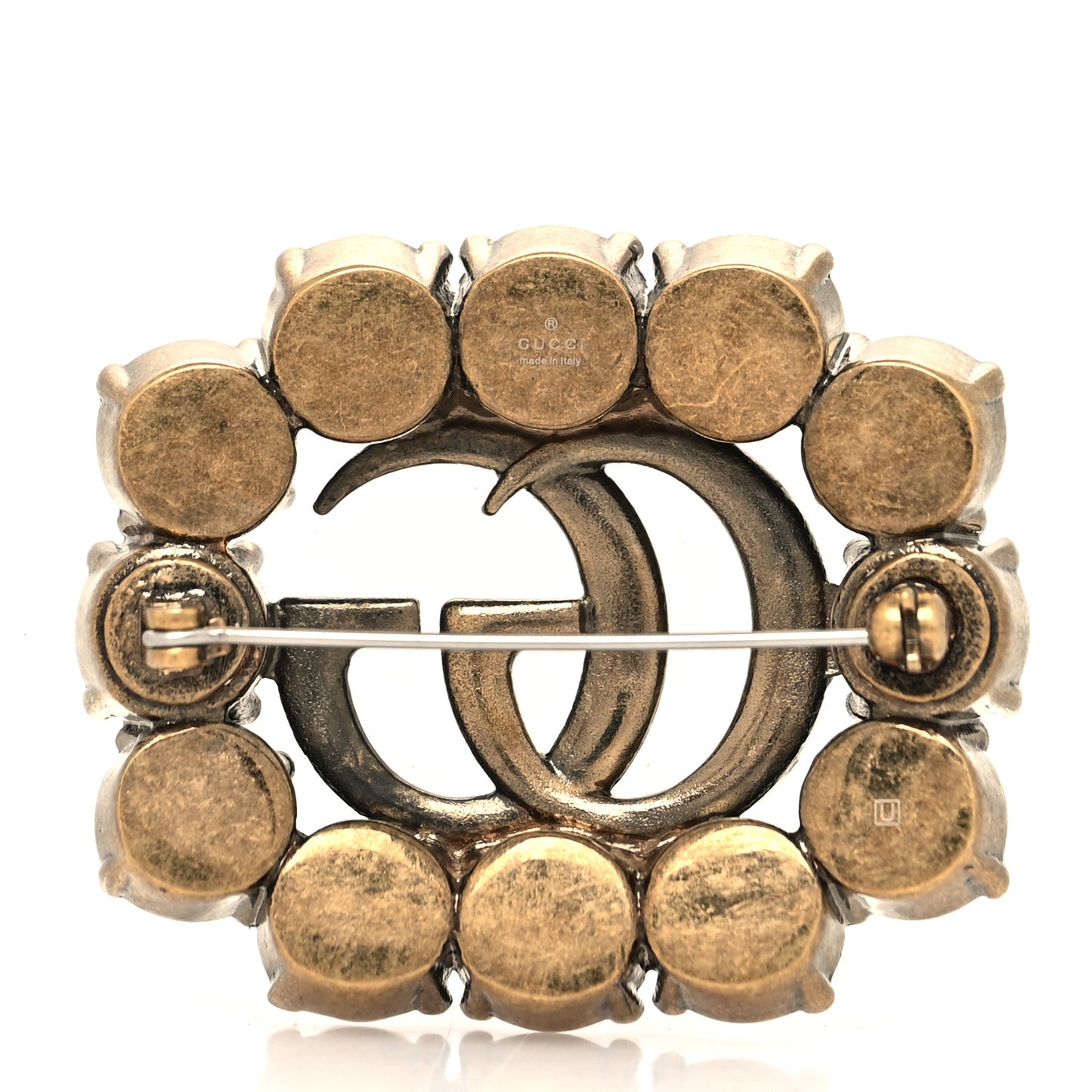 Metal Crystal Double G Brooch Aged Gold