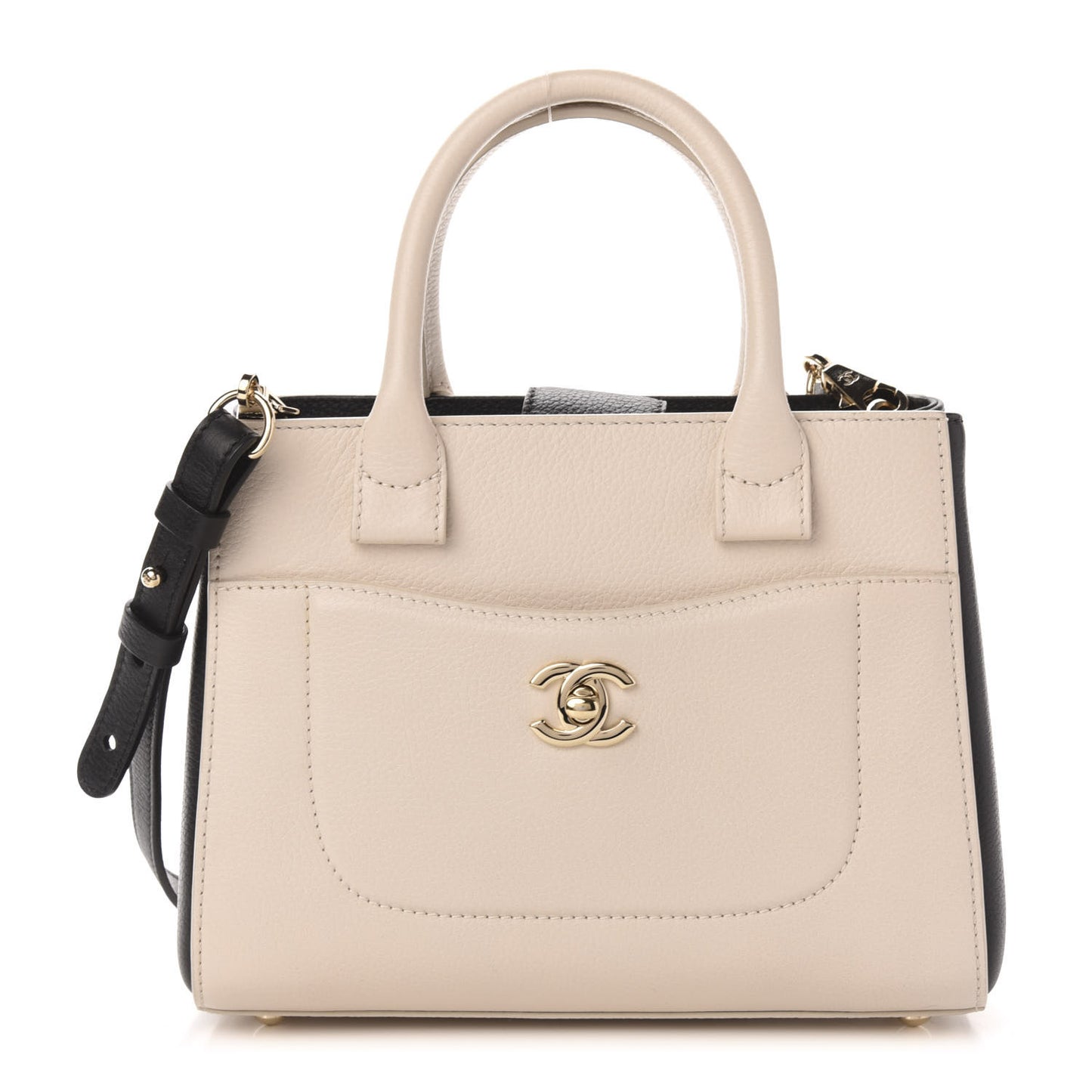 Grained Calfskin Mini Bi-Color Neo Executive Shopper Tote Beige Black