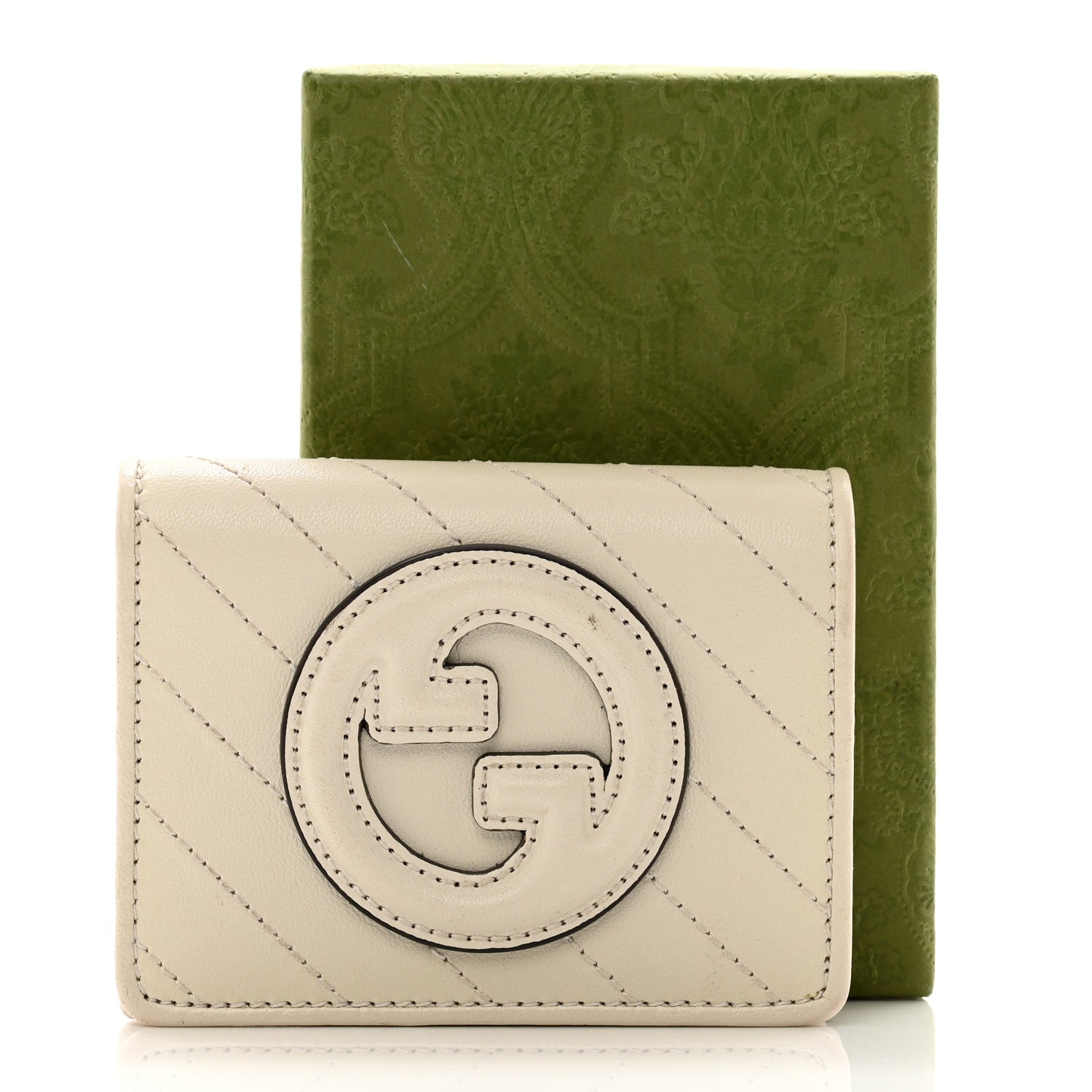 Gucci Sakai Be Green Calfskin Diagonal Stitched Blondie Card Case Wallet Mystic White 9 of 9