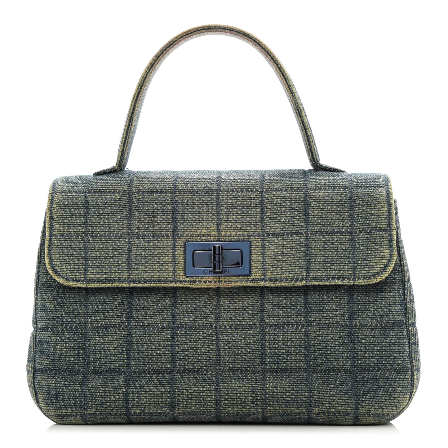 Denim Quilted Chocolate Bar Mademoiselle Top Handle Bag