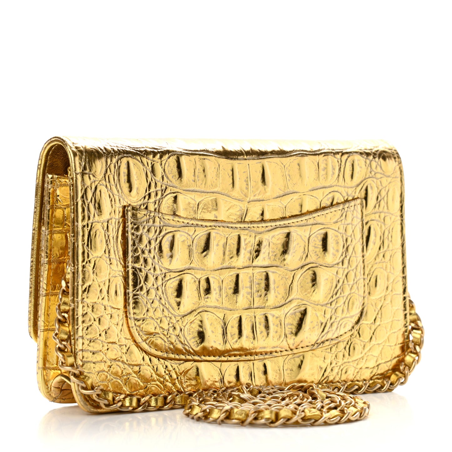 Metallic Calfskin Crocodile Embossed Cocodile Wallet On Chain WOC Gold
