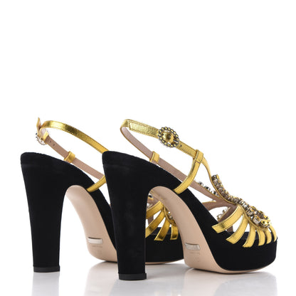 Gucci Velvet Nappa Crystal Zephyra Slingback Platform High Heel Sandals 37 Black Gold 4 of 9