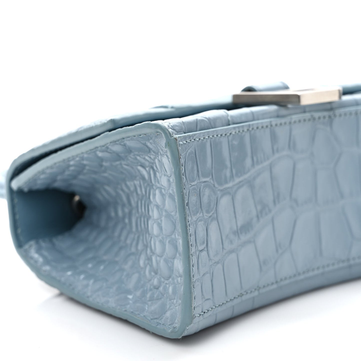 Shiny Calfskin Crocodile Embossed Hourglass Top Handle Bag XS Blue Grey