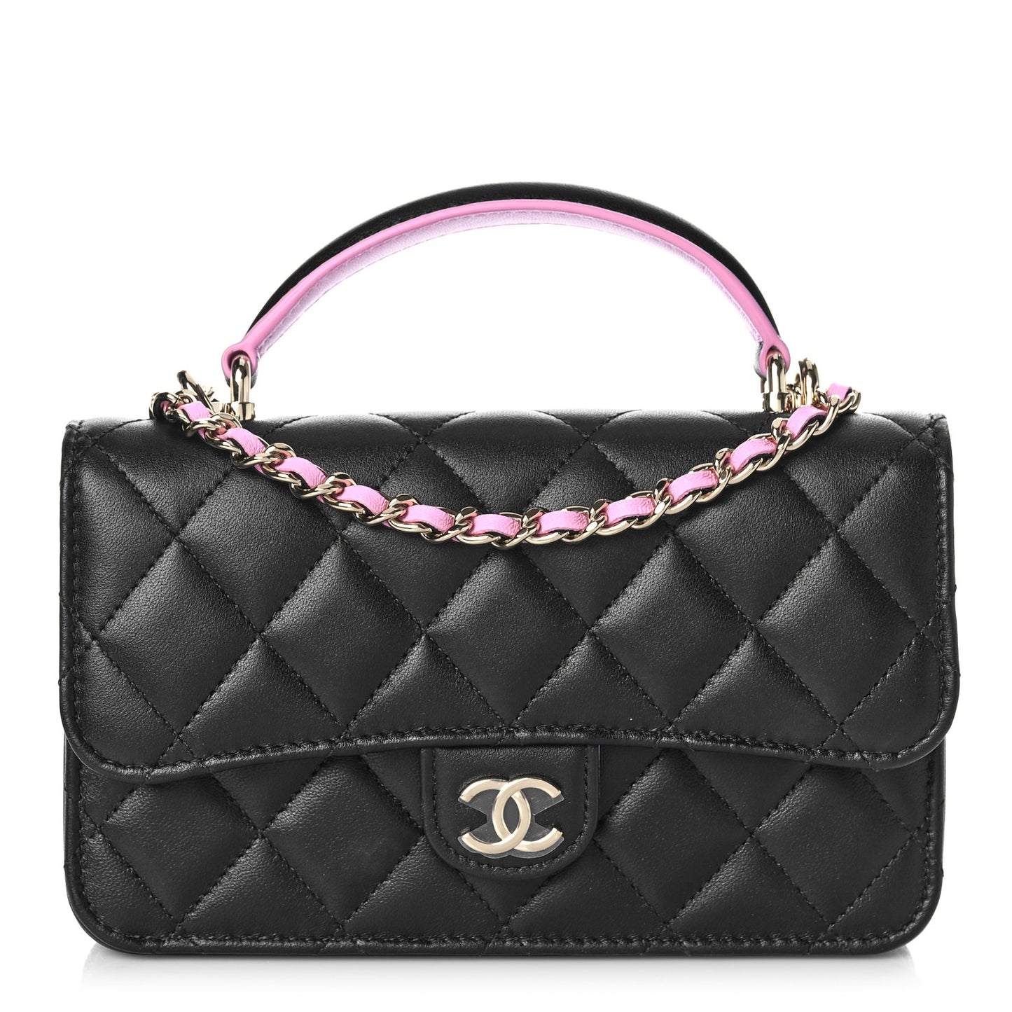 Lambskin Quilted Flap Phone Holder With Chain Black Lilac
