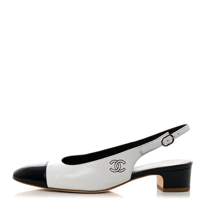 Chanel Calfskin Cap Toe CC Slingback Pumps 40 White Dark Navy 1 of 10