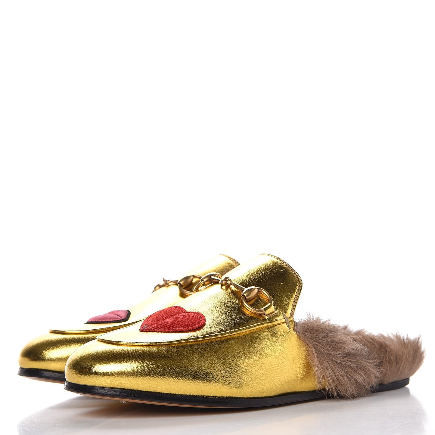 Metallic Nappa Fur Heart and Lips Womens Princetown Slippers 35 Gold