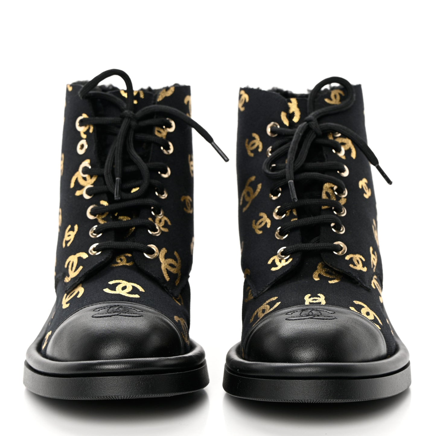 Lambskin Shearling Canvas CC Lace Up Boots 39.5 Black Gold