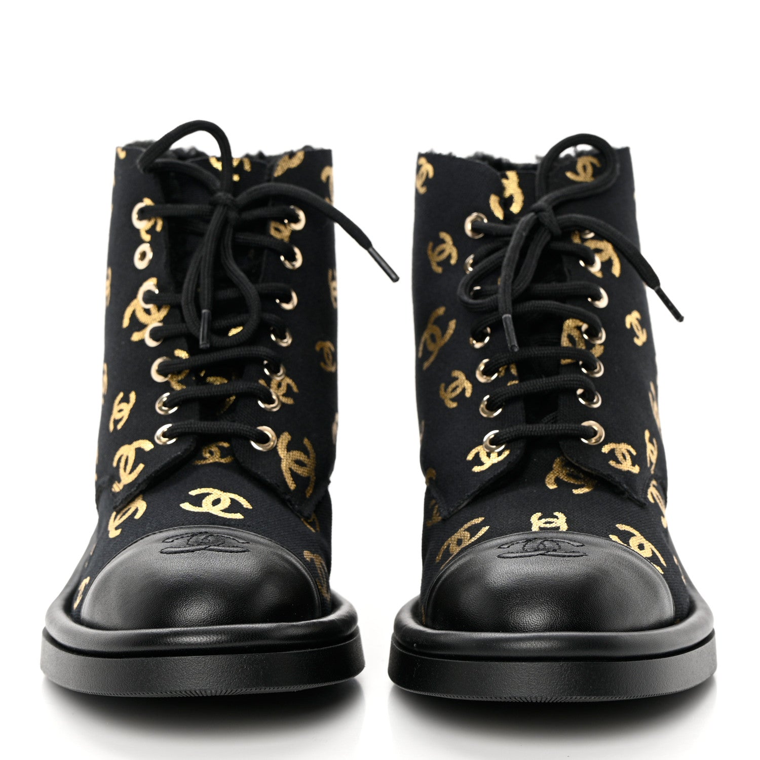 Chanel Lambskin Shearling Canvas CC Lace Up Boots 39.5 Black Gold 2 of 9
