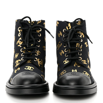 Chanel Lambskin Shearling Canvas CC Lace Up Boots 39.5 Black Gold 2 of 9