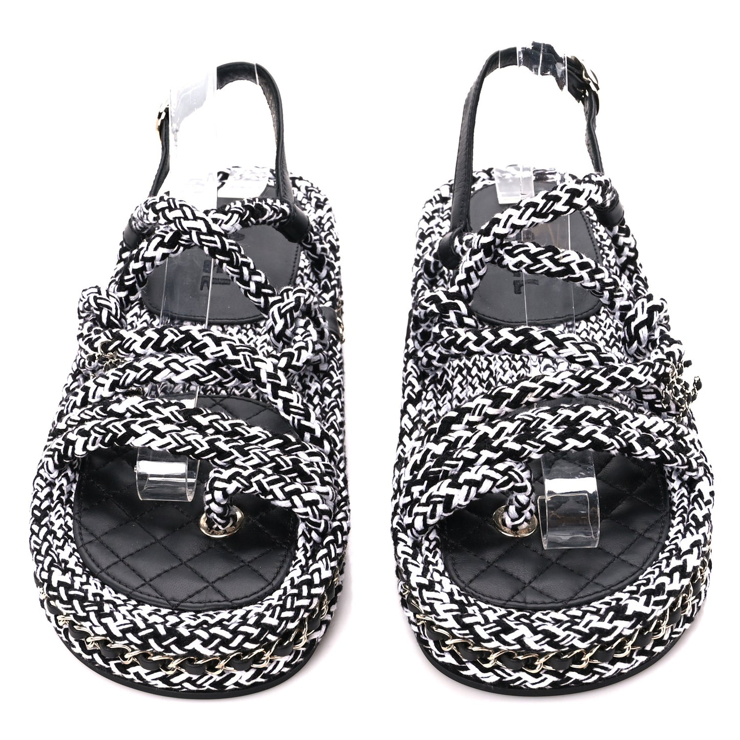 Cord Lambskin Quilted Logo Sandals 38 Black White