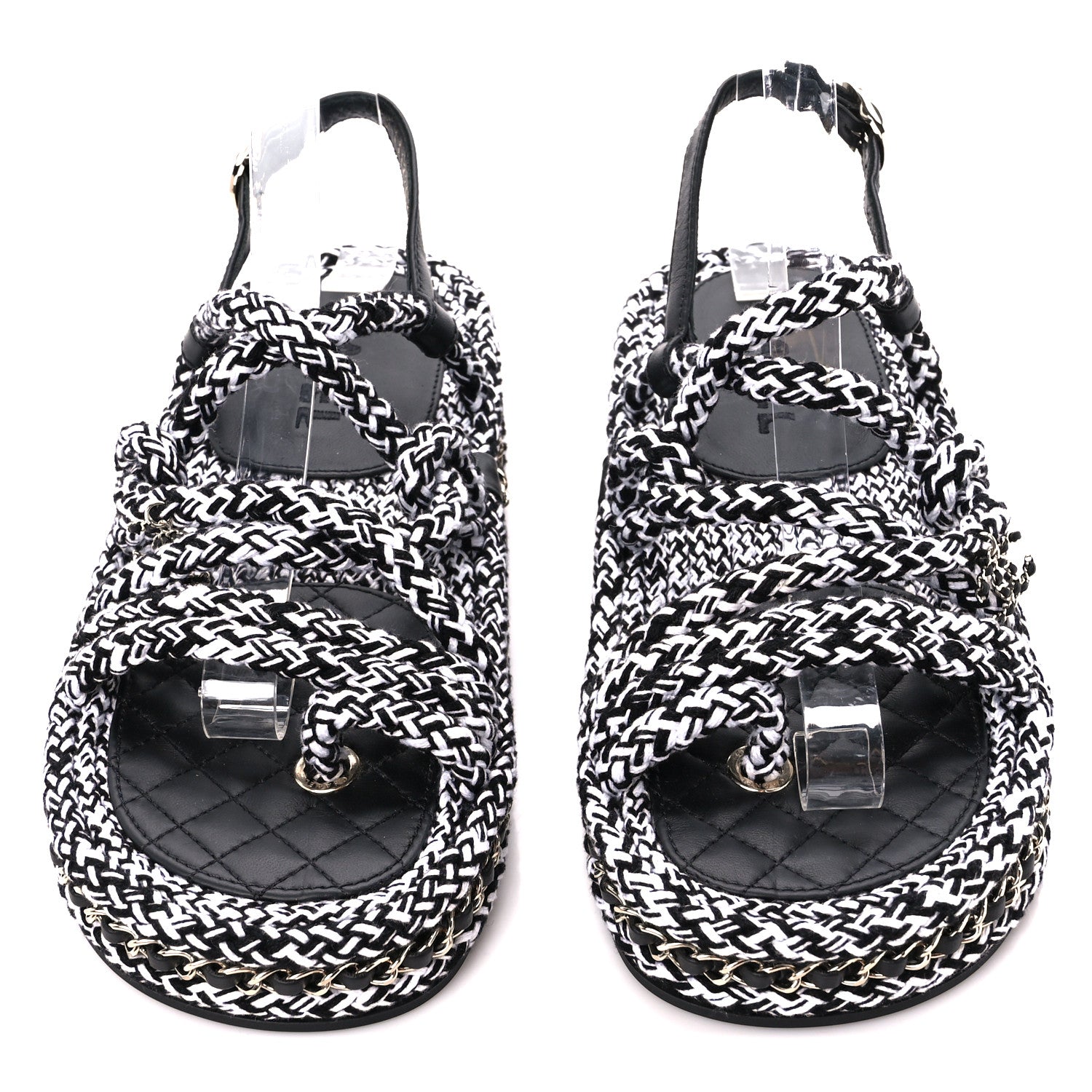 Chanel Cord Lambskin Quilted Logo Sandals 38 Black White 2 of 8