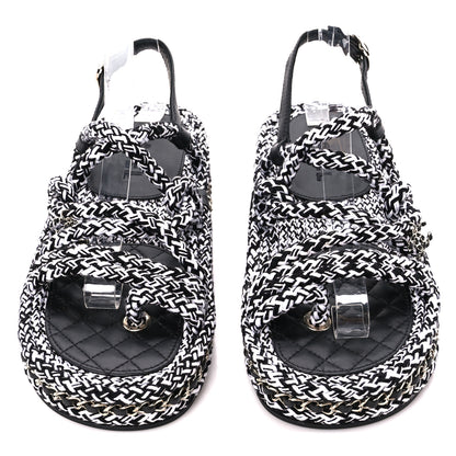 Chanel Cord Lambskin Quilted Logo Sandals 38 Black White 2 of 8