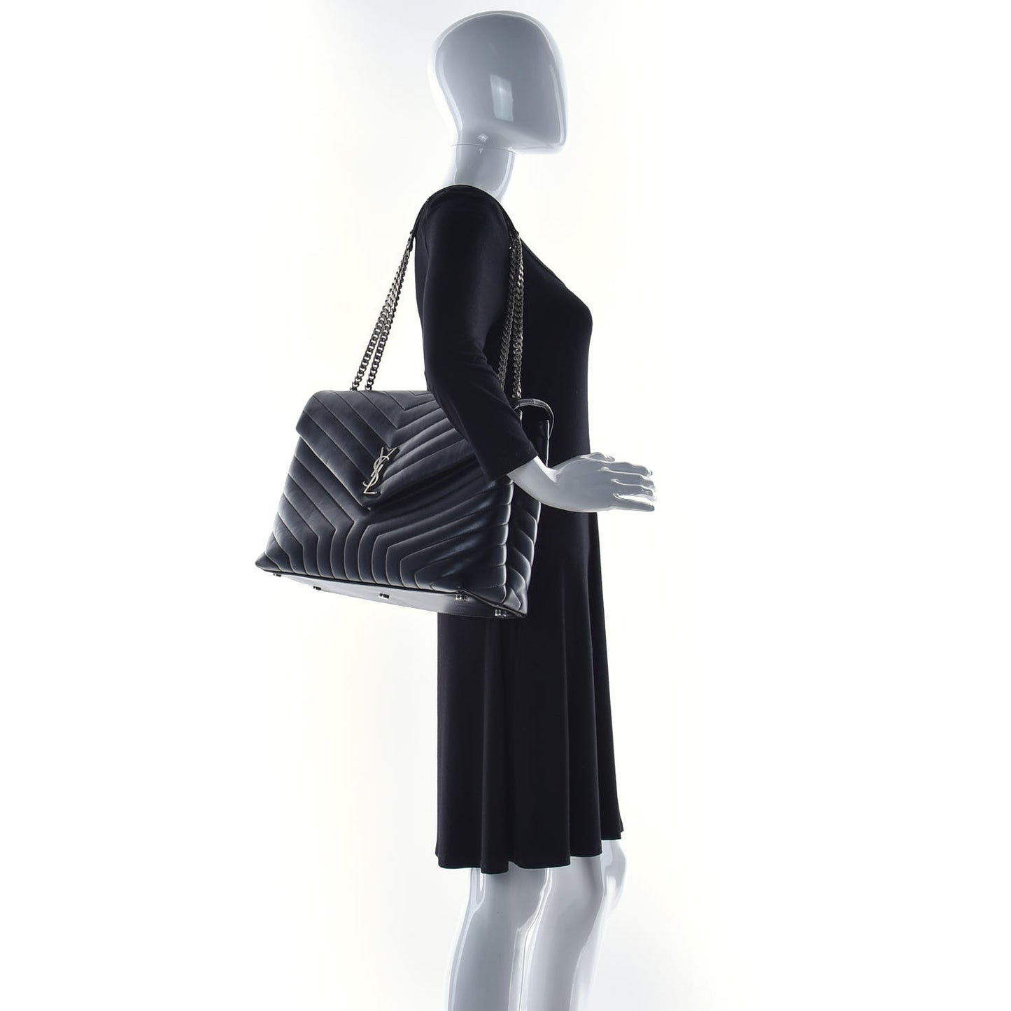 Calfskin Y Quilted Monogram Large Loulou Chain Satchel Black