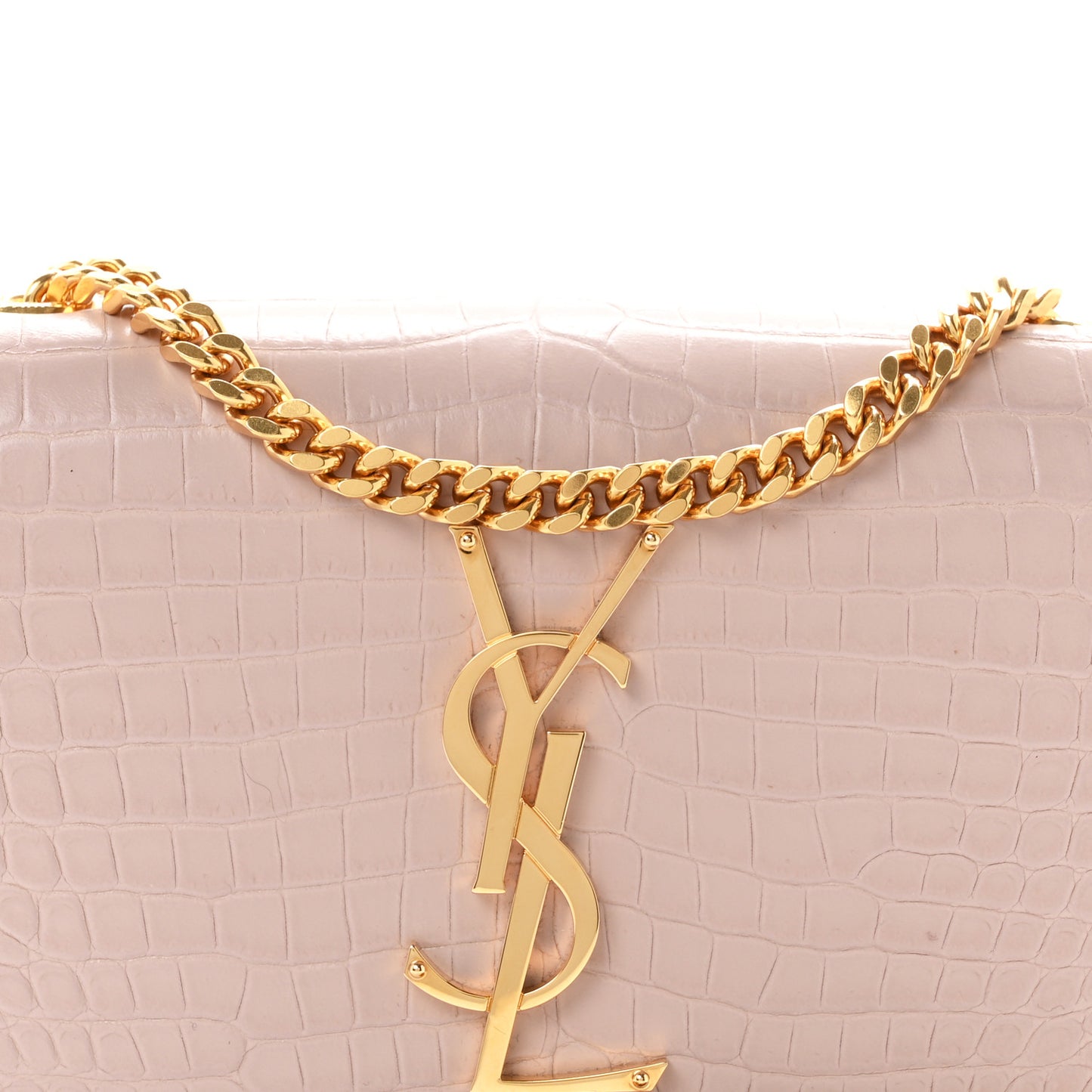Calfskin Crocodile Embossed Small Classic Monogram Kate Tassel Satchel Light Pink