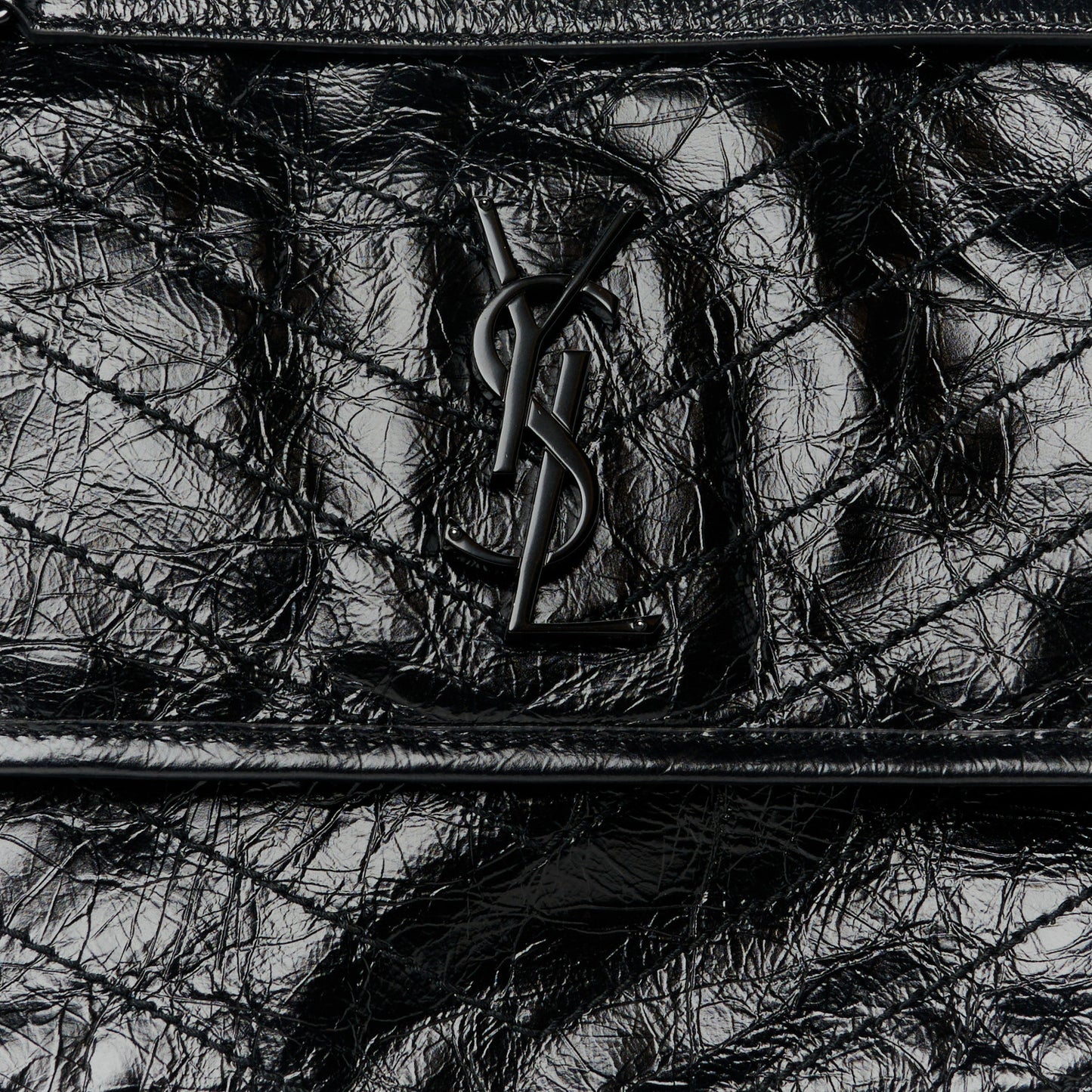Crinkled Calfskin Matelasse Monogram Medium Niki Chain Satchel Black