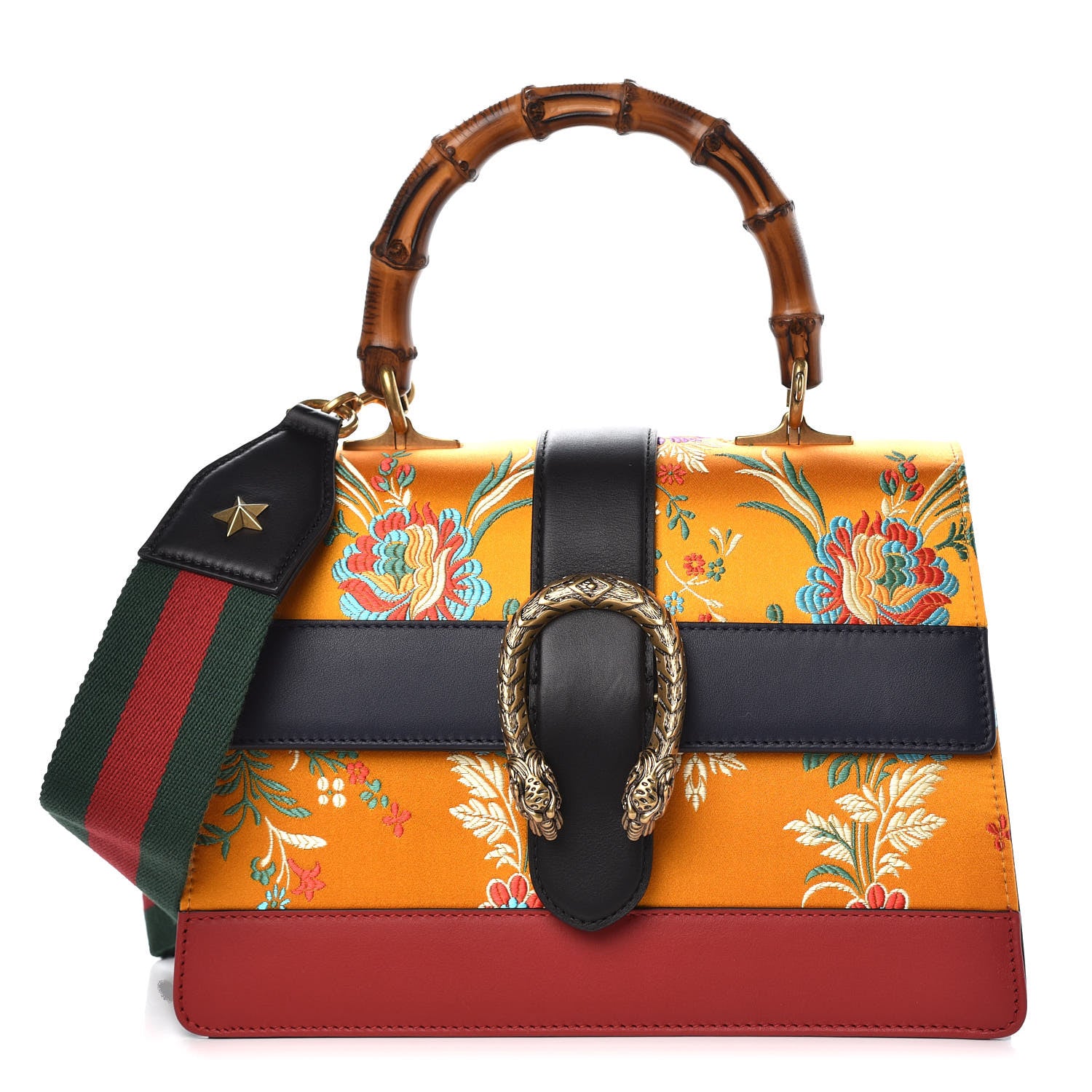 Gucci Satin Calfskin Bamboo Web Tokyo Print Medium Dionysus Top Handle Bag Giallo Multicolor Blue Agata Hibiscus Red 1 of 7