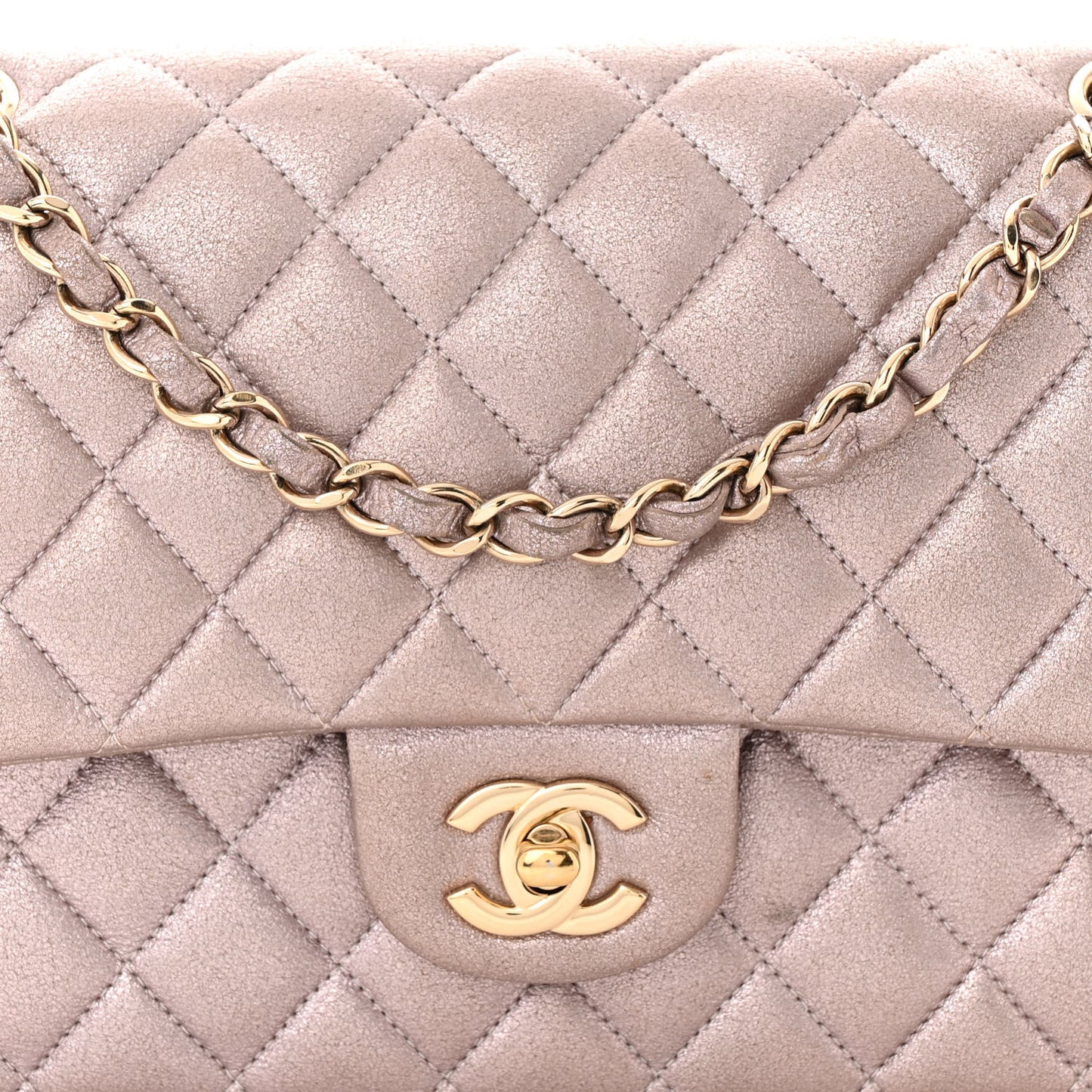 Iridescent Calfskin Quilted Medium Double Flap Light Pink