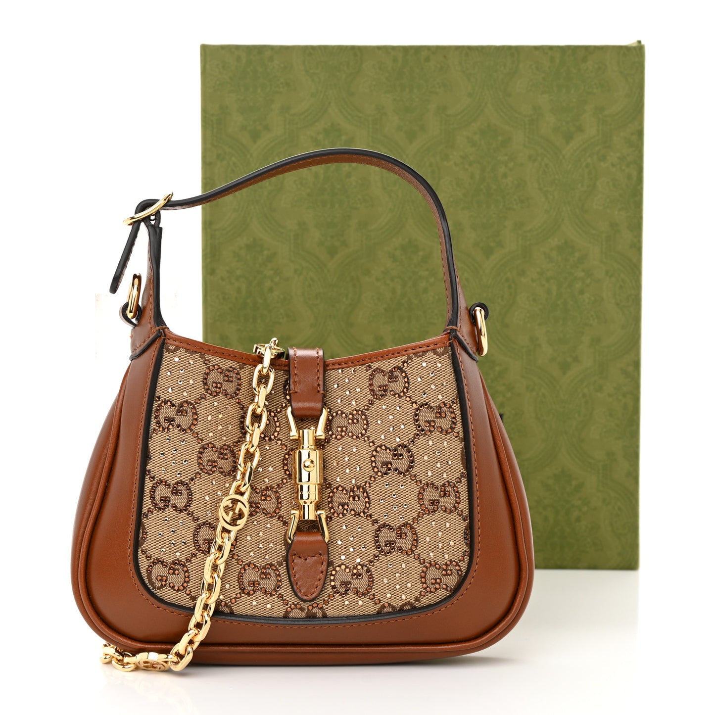 New Canvas Charisma Calfskin Crystal GG Monogram Mini Jackie 1961 Hobo Camel Ebony