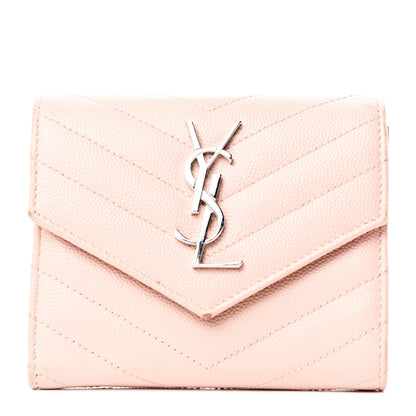 Saint Laurent Grain De Poudre Matelasse Chevron Monogram Compact Tri Fold Wallet Pale Pink 1 of 6