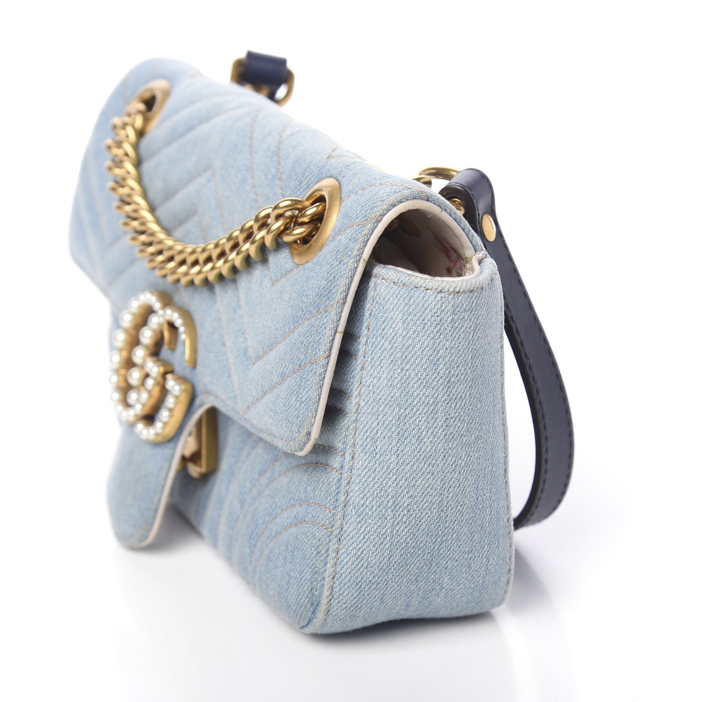 Denim Matelasse Mini Pearly GG Marmont Shoulder Bag Blue