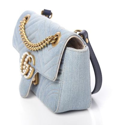 Gucci Denim Matelasse Mini Pearly GG Marmont Shoulder Bag Blue 10 of 15