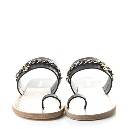 Chanel Calfskin Chain CC Logo Toe Ring Sandals 37 Black 2 of 9