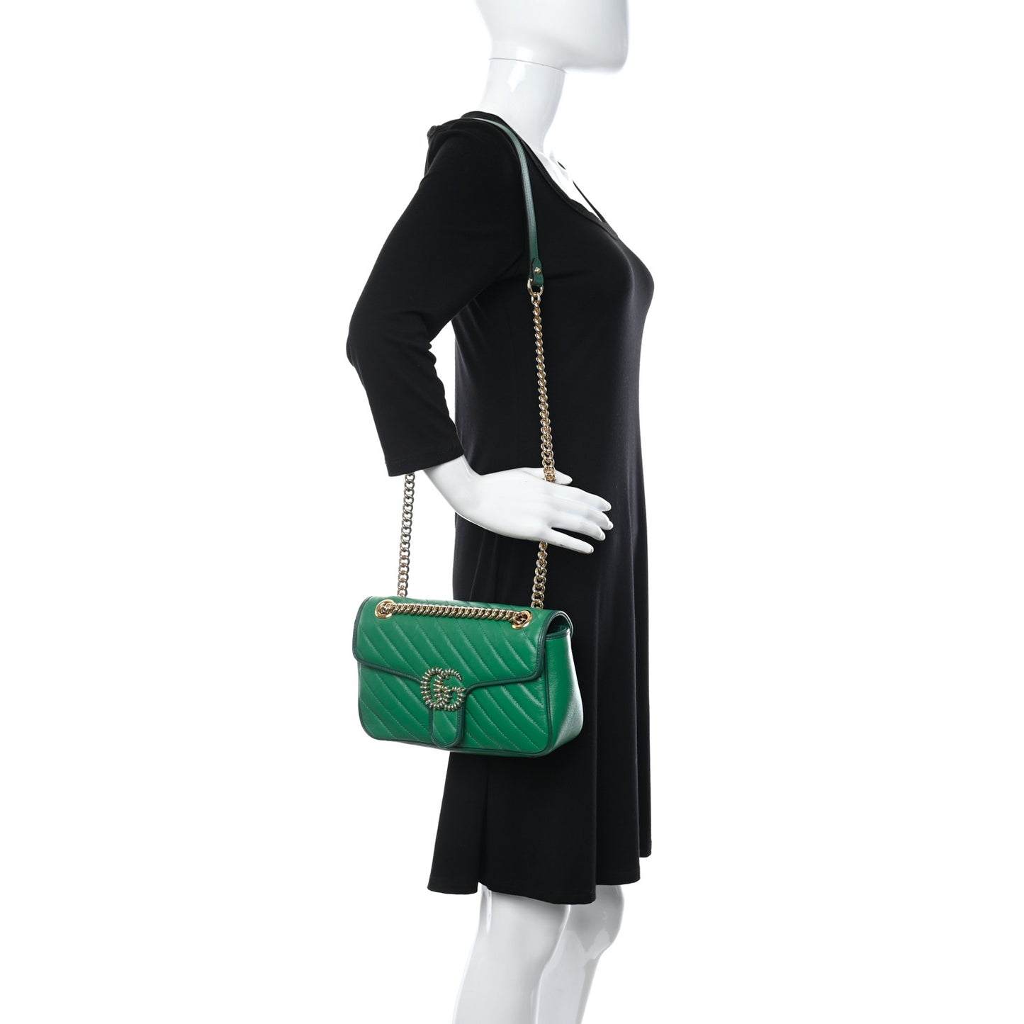Azalea Calfskin Enamel Matelasse Diagonal Small Torchon GG Marmont Shoulder Bag New Shamarock Emerald