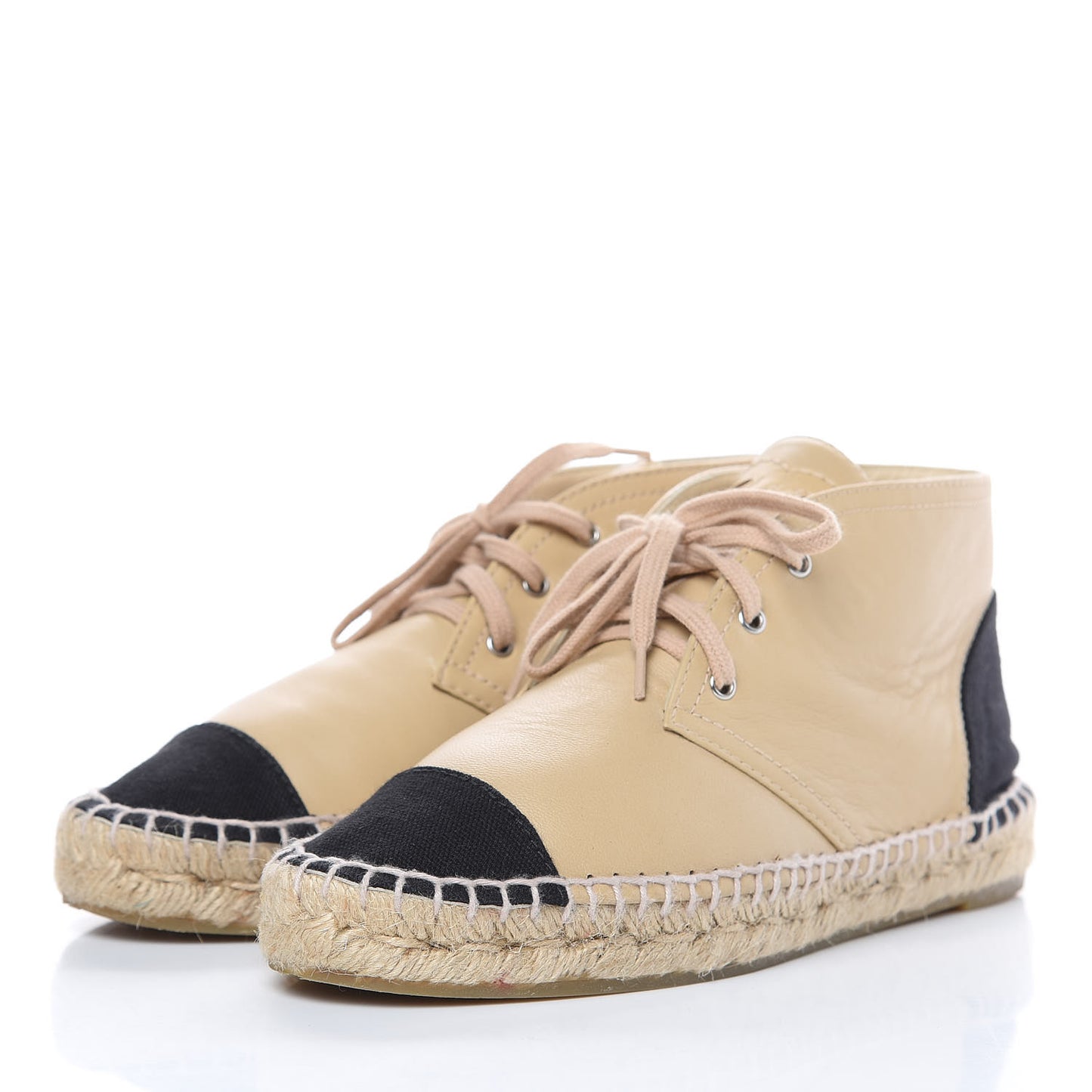 Lambskin Canvas Cap Toe Lace Up Espadrilles 37 Beige Black