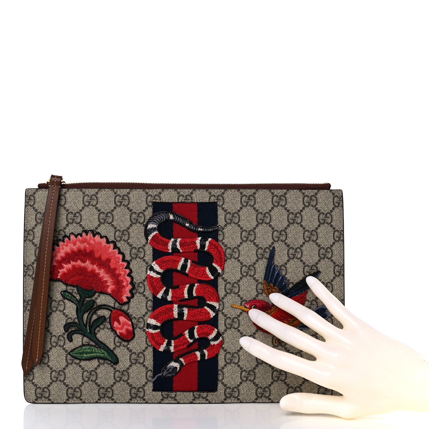 Gucci GG Supreme Monogram Web Kingsnake Embroidered Large Zip Pouch Brown 2 of 10