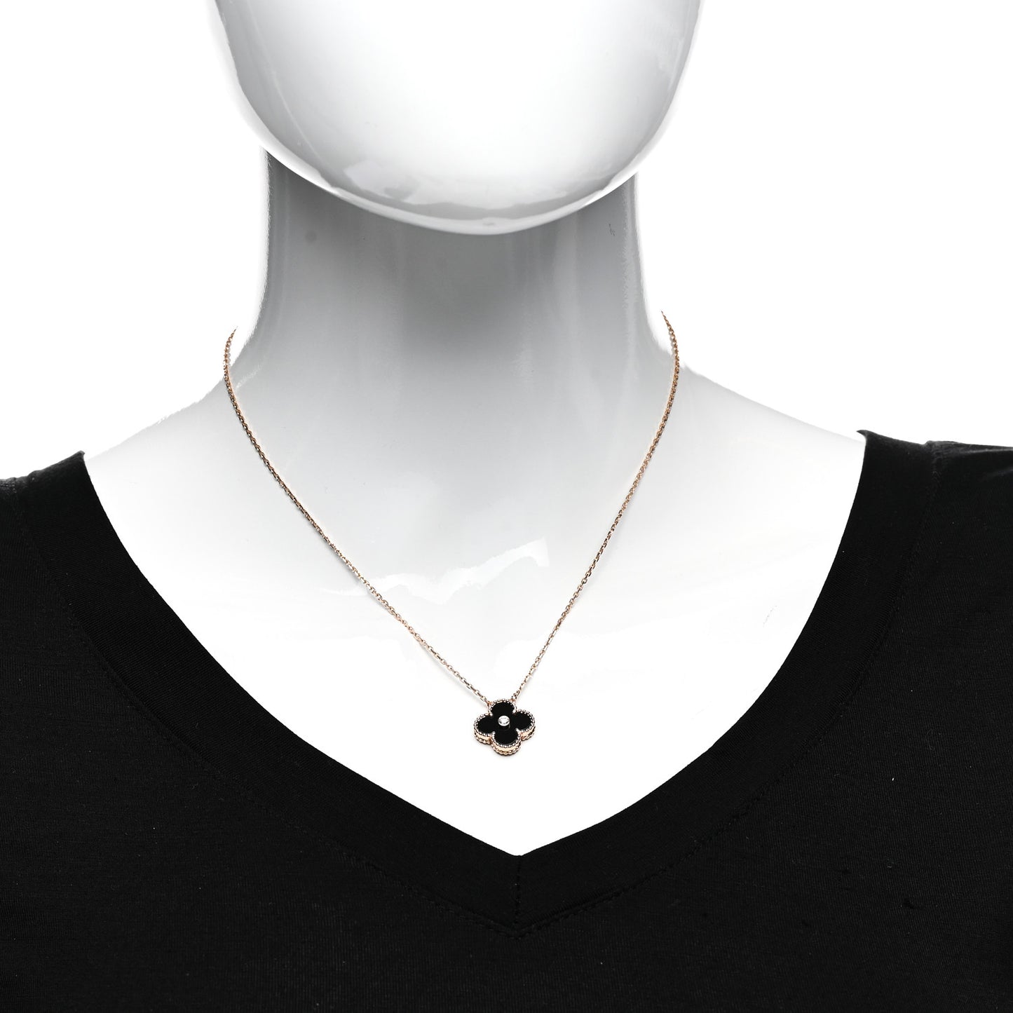 18K Rose Gold Diamond Black Onyx Vintage Alhambra Pendant Necklace