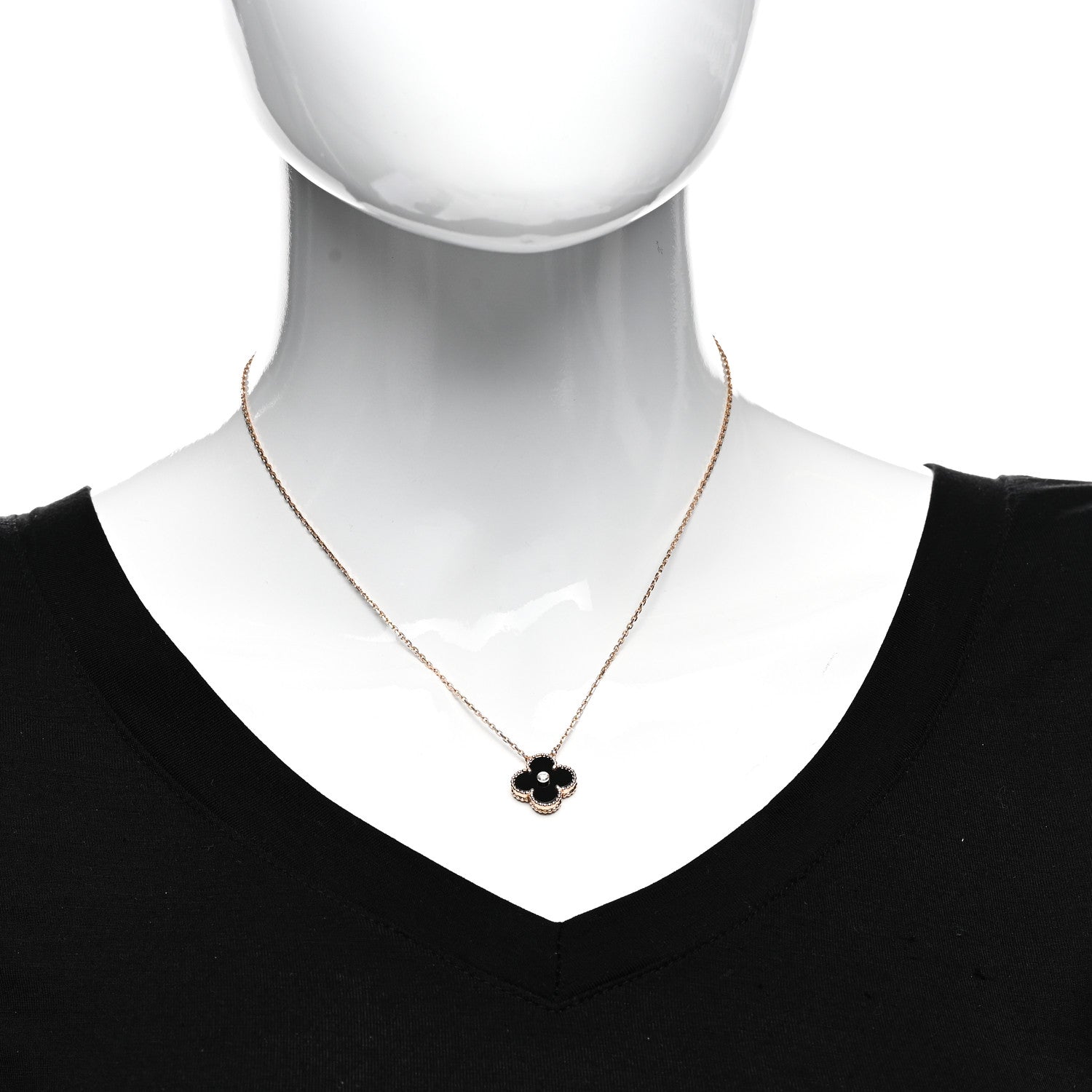 Van Cleef & Arpels 18K Rose Gold Diamond Black Onyx Vintage Alhambra Pendant Necklace 2 of 7