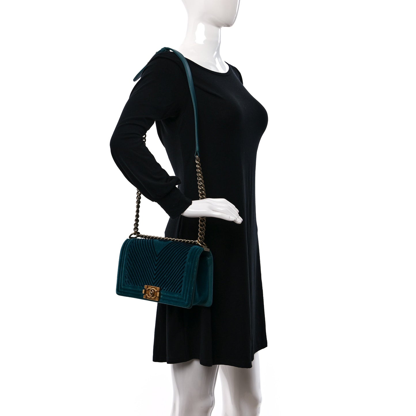 Velvet Chevron Quilted Medium Boy Flap Peacock Blue