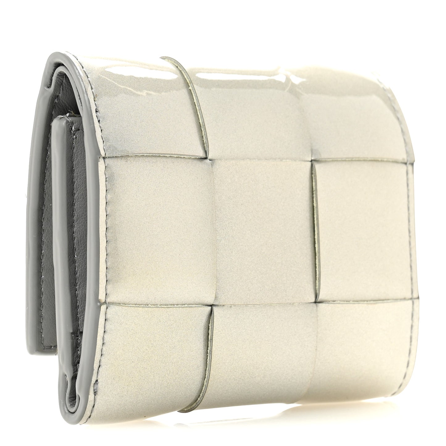 Metallic Patent Calfskin Maxi Intrecciato Cassette Tri-Fold Wallet Silver