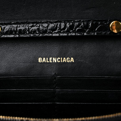 Balenciaga Shiny Calfskin Crocodile Embossed Hourglass Chain Bag Black 6 of 10