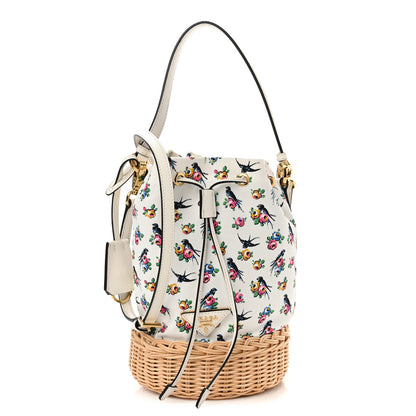 Prada Wicker Canvas Floral Print Bucket Bag White Multicolor 1 of 11