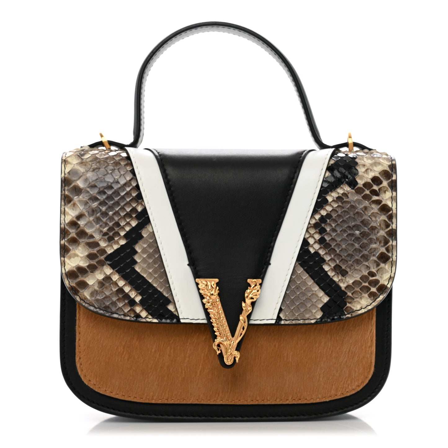 Vitello Snakeskin Calf Hair Virtus V Small Top Handle Shoulder Bag Black Brown Multicolor
