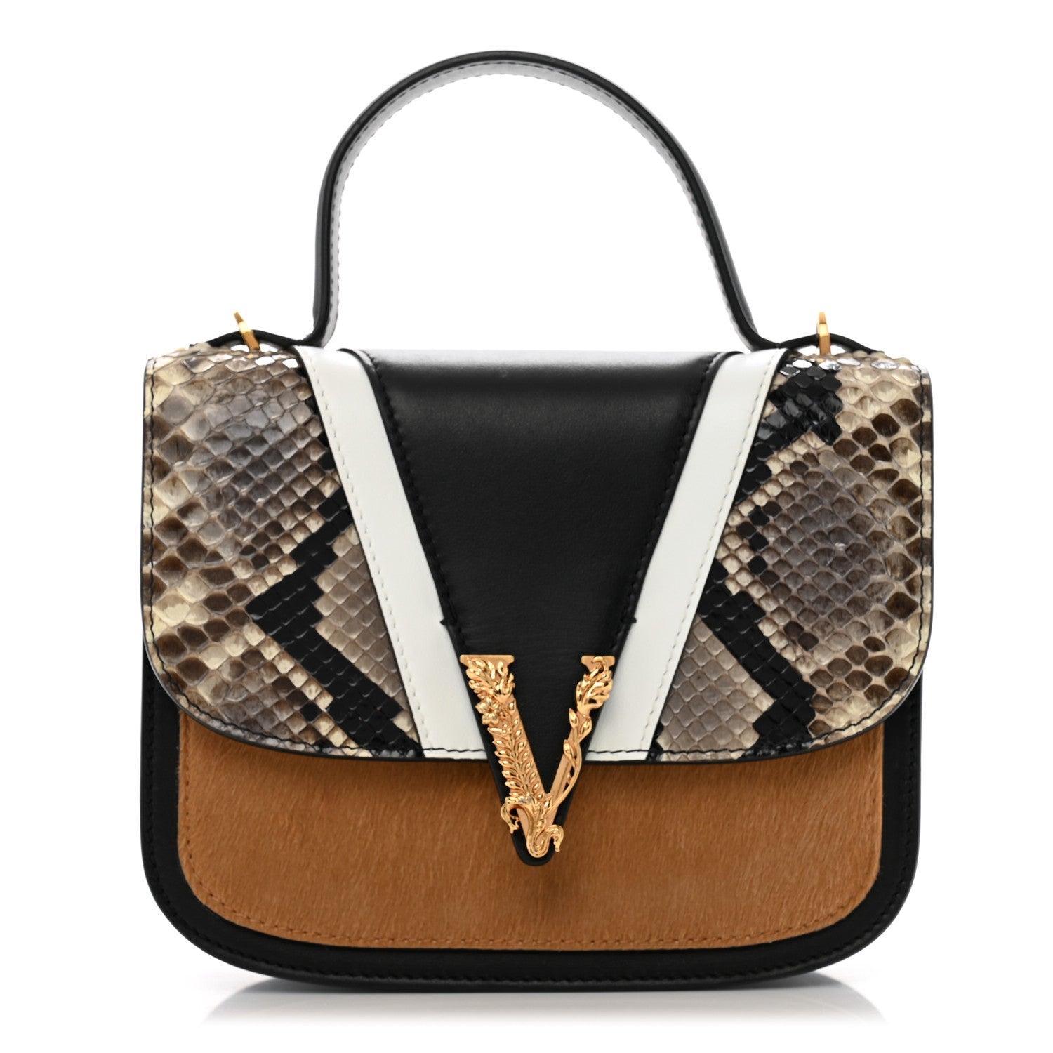 Versace Vitello Snakeskin Calf Hair Virtus V Small Top Handle Shoulder Bag Black Brown Multicolor 1 of 15