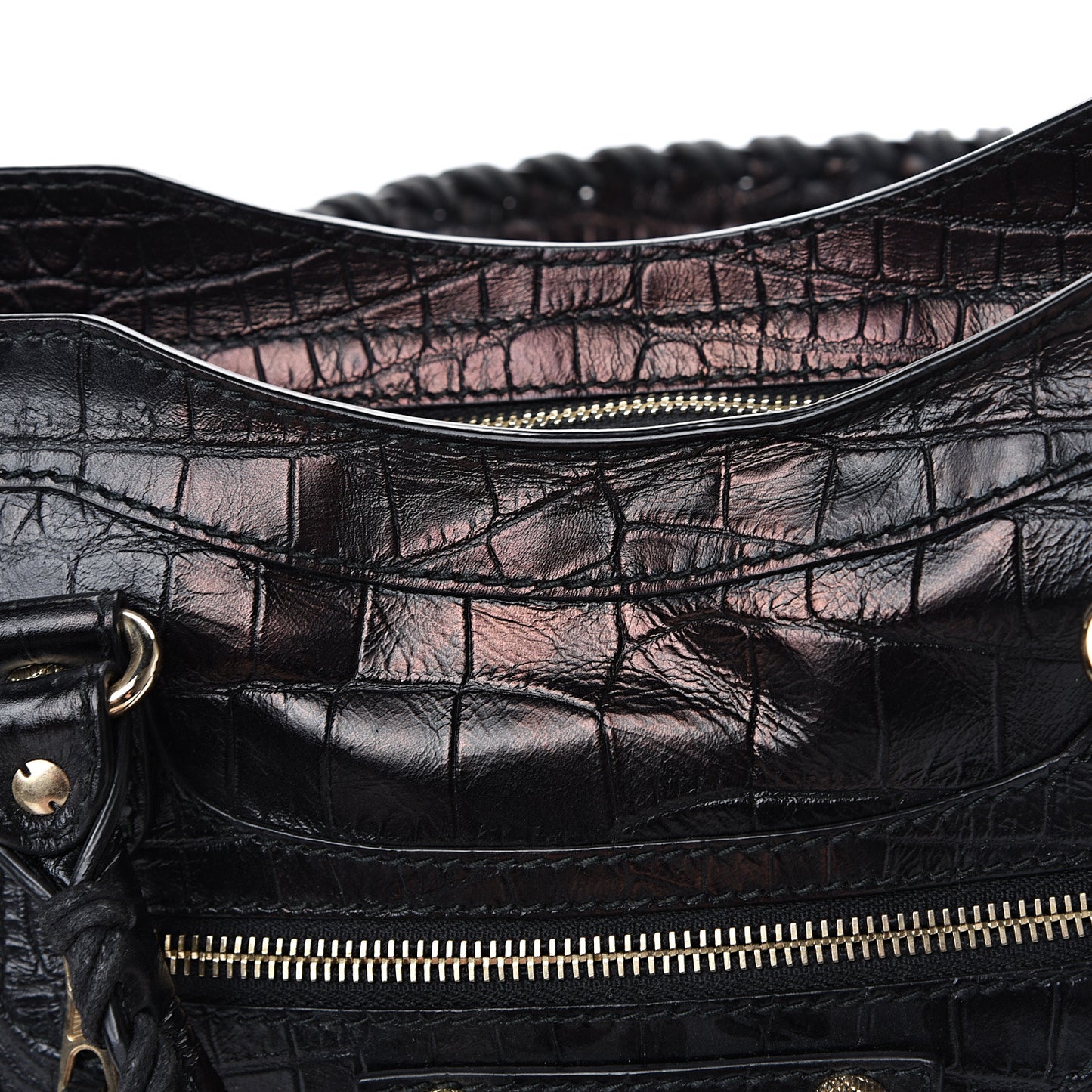 Calfskin Crocodile Embossed Giant 12 Gold Hardware City Black