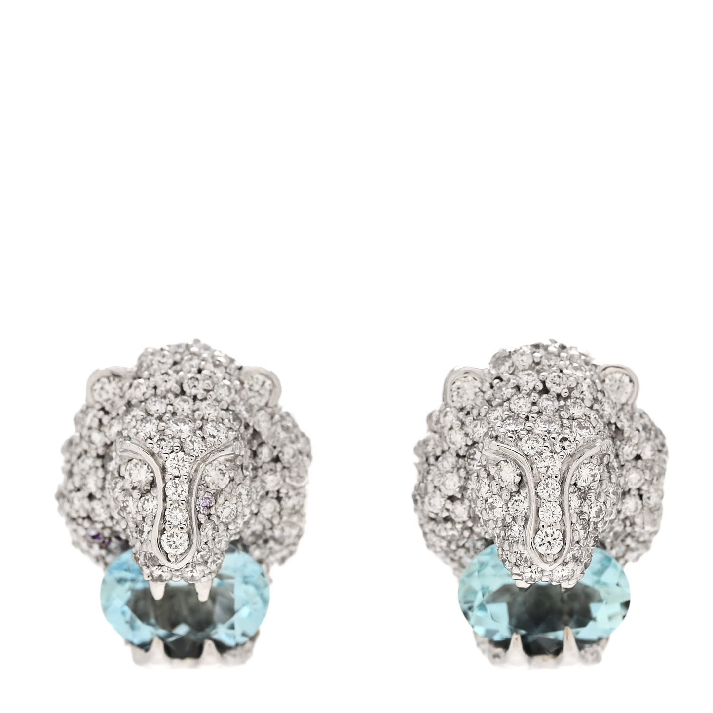 18K White Gold Diamond Aquamarine Lion Head Earrings