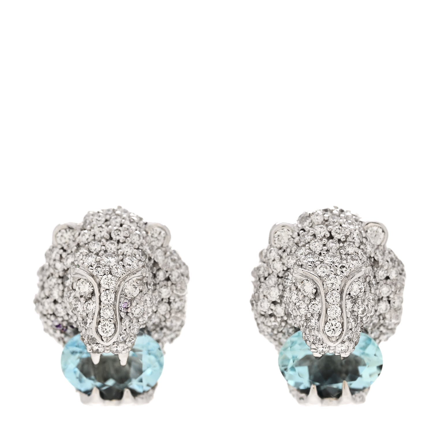 Gucci 18K White Gold Diamond Aquamarine Lion Head Earrings 1 of 8