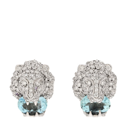 Gucci 18K White Gold Diamond Aquamarine Lion Head Earrings 1 of 8