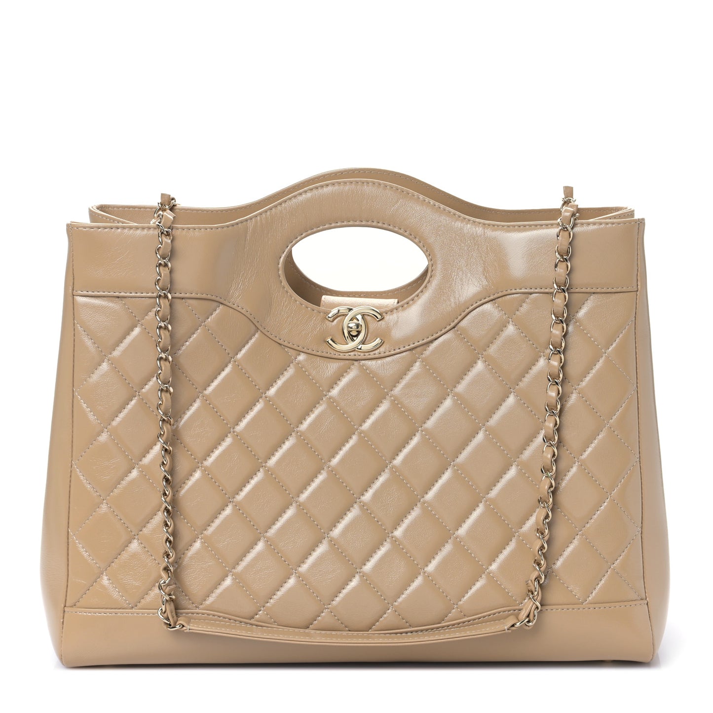 Shiny Crumpled Calfskin Quilted Large 31 Shopping Bag Beige